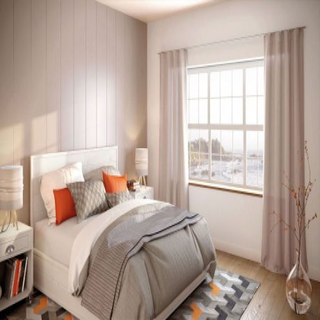 Helles Schlafzimmer mit grau-beigen Vorhängen und Akzenten in grau und orange