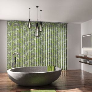 Modernes Badezimmer mit grünen Vorhängen und einer Badewanne, die eine entspannende Atmosphäre schafft.