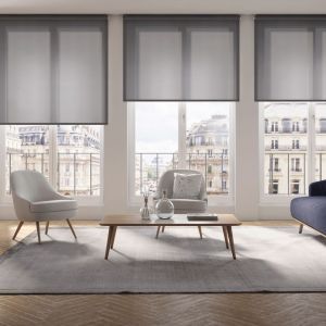 Wohnzimmer mit großem Fenster und blauer Couch, die eine helle und einladende Atmosphäre schafft.