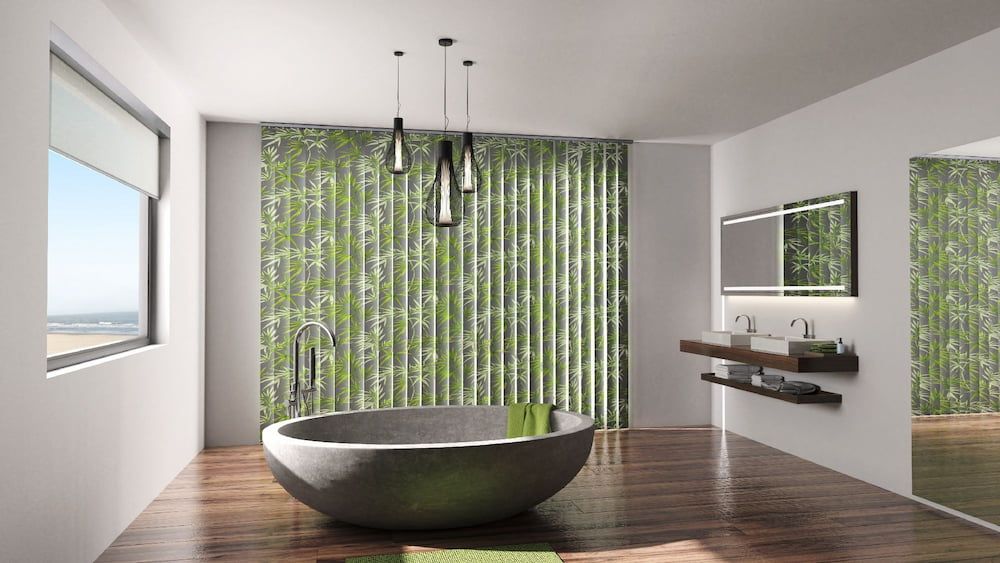 Modernes Badezimmer mit grünen Vorhängen und einer Badewanne, die eine entspannende Atmosphäre schafft.